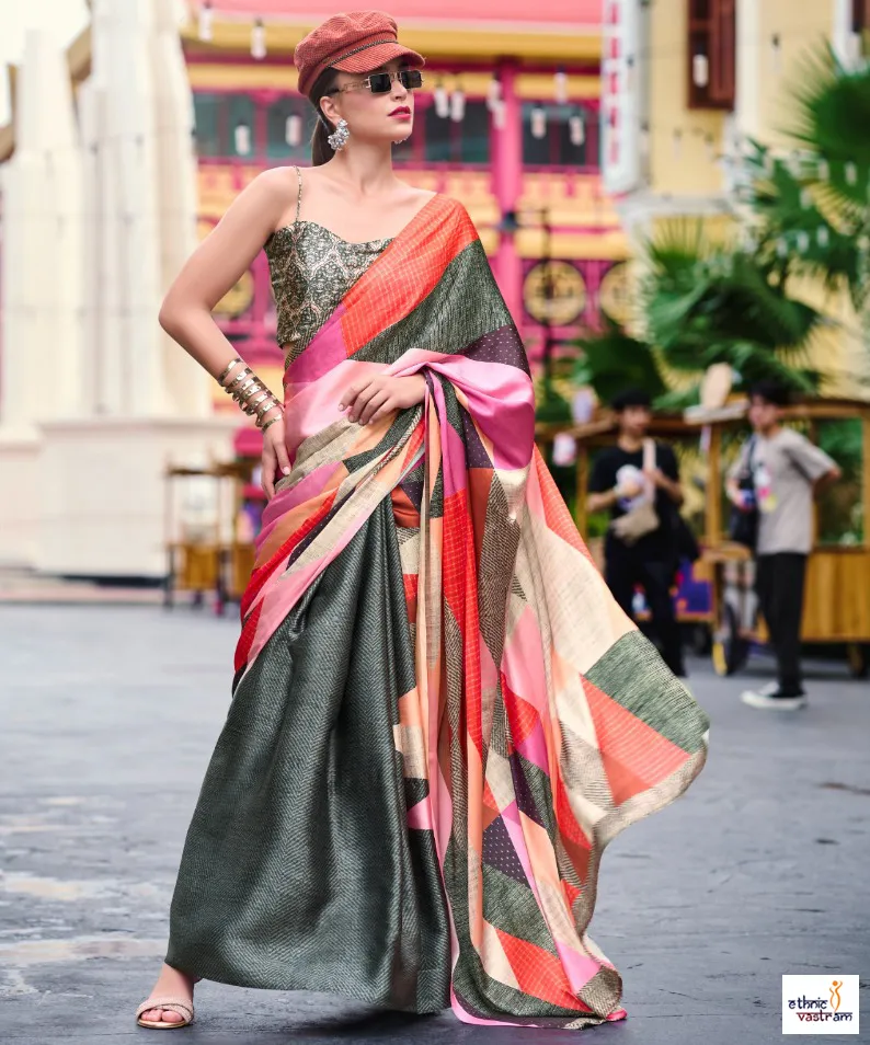Multicolor Japan Satin Abstract Digital Prints Party Wear Saree