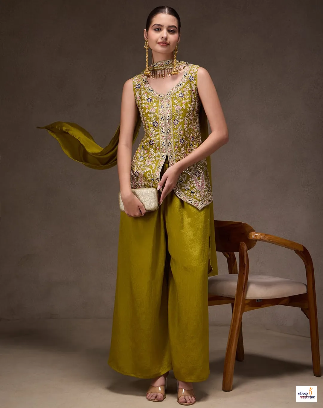Mustard Green Viscose Chinon Sequins Embroidered Top Palazzo Set