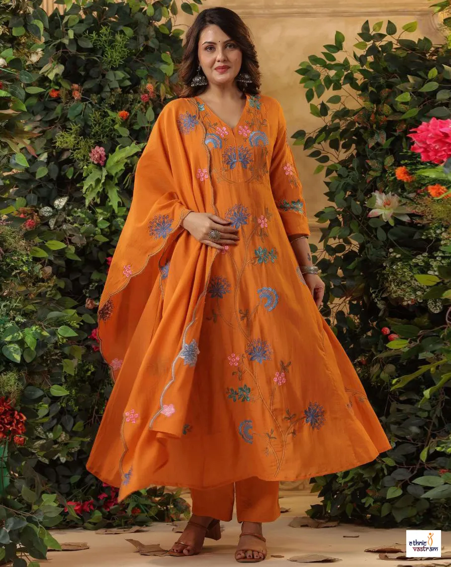 Mustard Orange Viscose Chanderi Embroidered Anarkali Suit Set