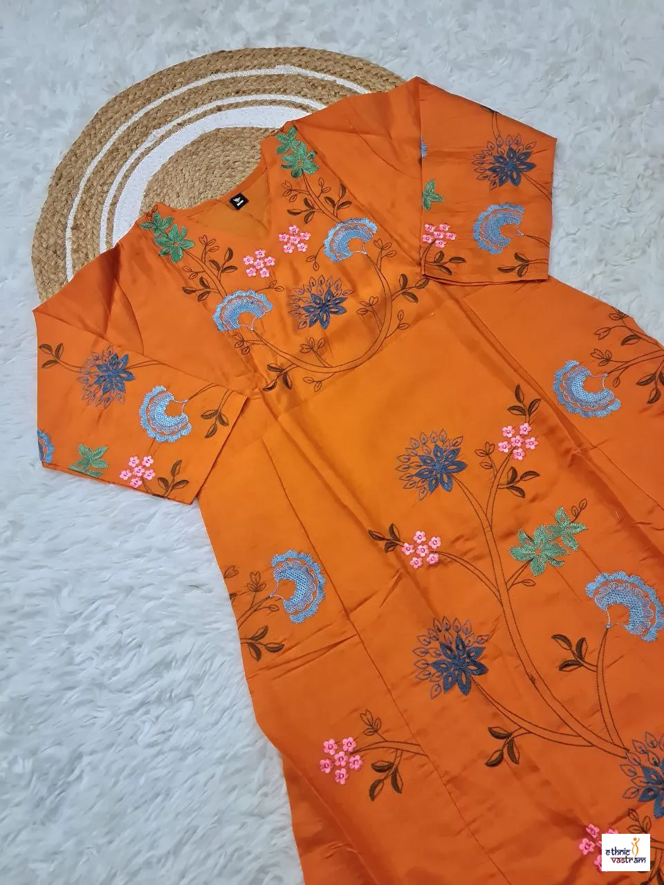Mustard Orange Viscose Chanderi Embroidered Anarkali Suit Set - Image 2