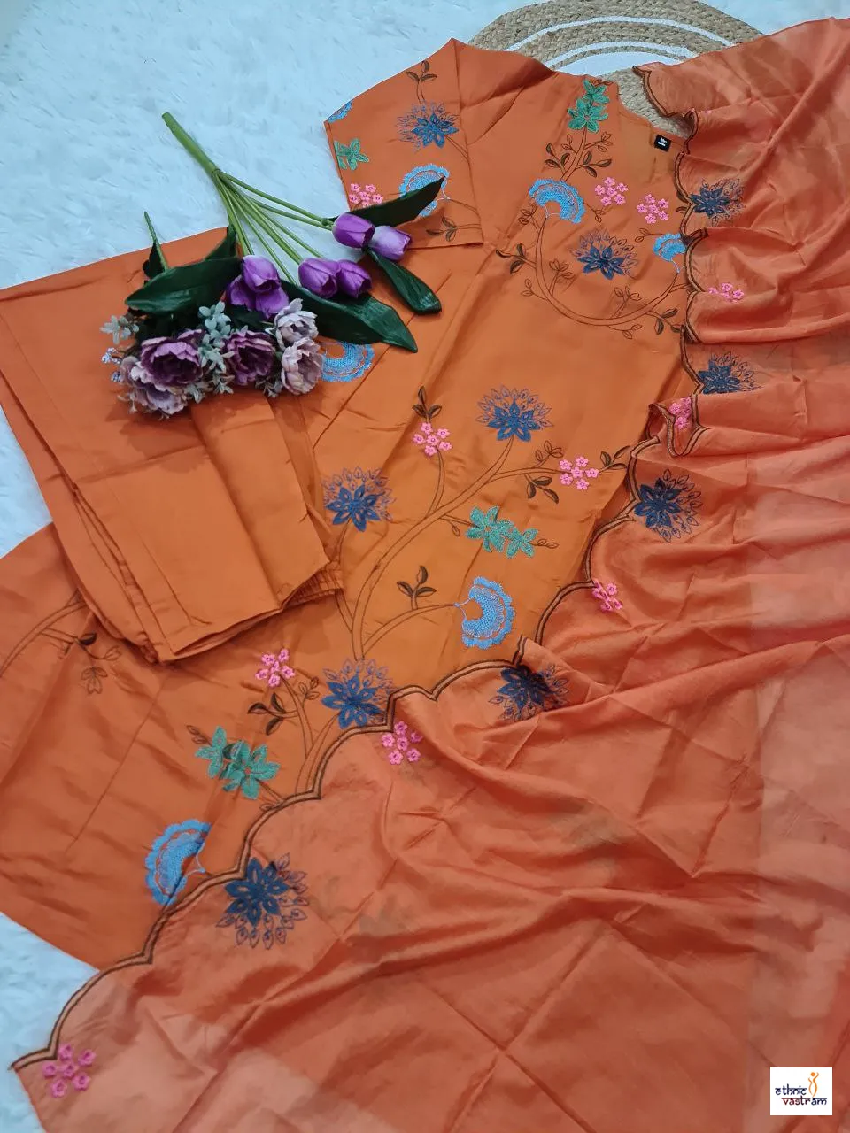 Mustard Orange Viscose Chanderi Embroidered Anarkali Suit Set - Image 3