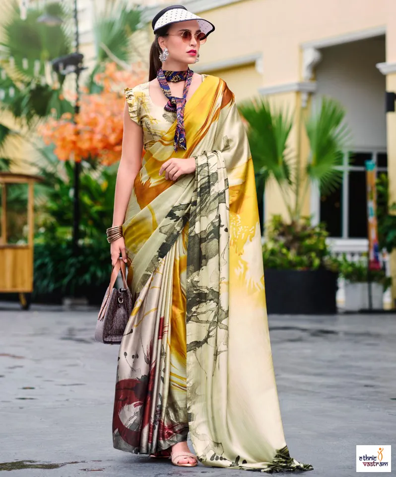 Mustard Yellow Japan Satin Abstract Digital Prints Party Wear Saree