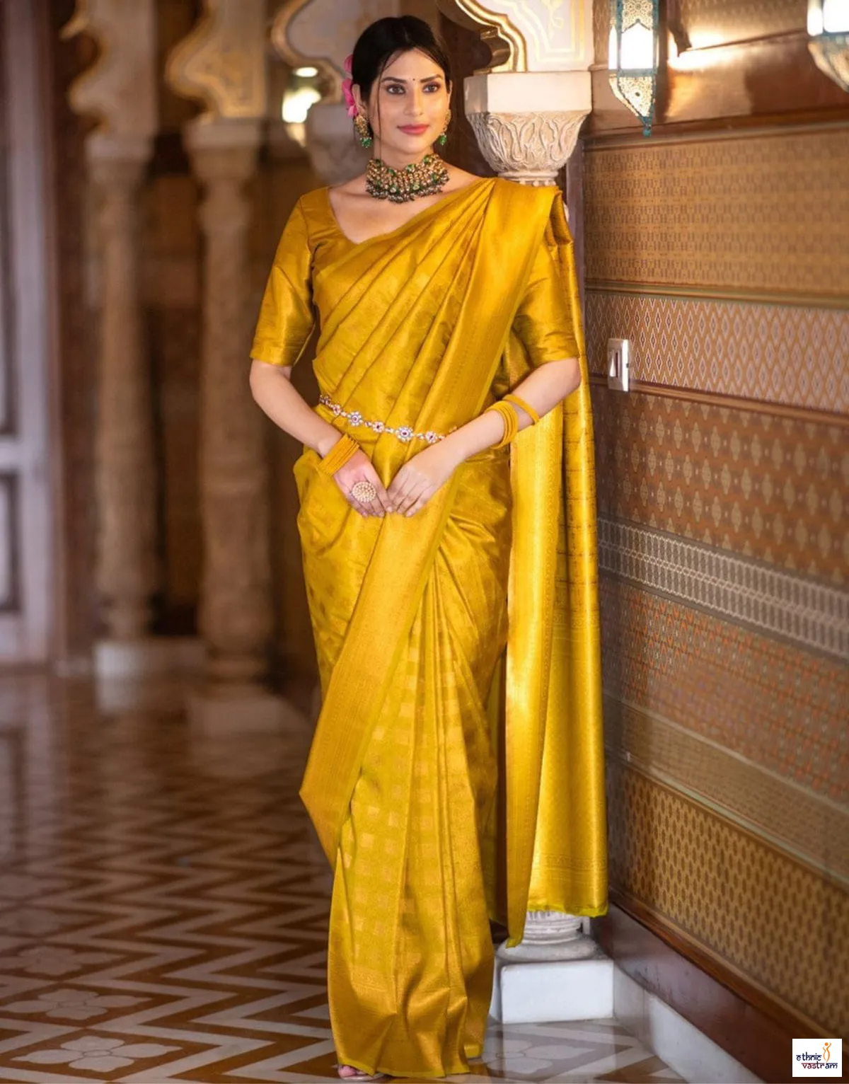 Mustard Yellow Lichi Silk Jacquard Work Traditional Saree