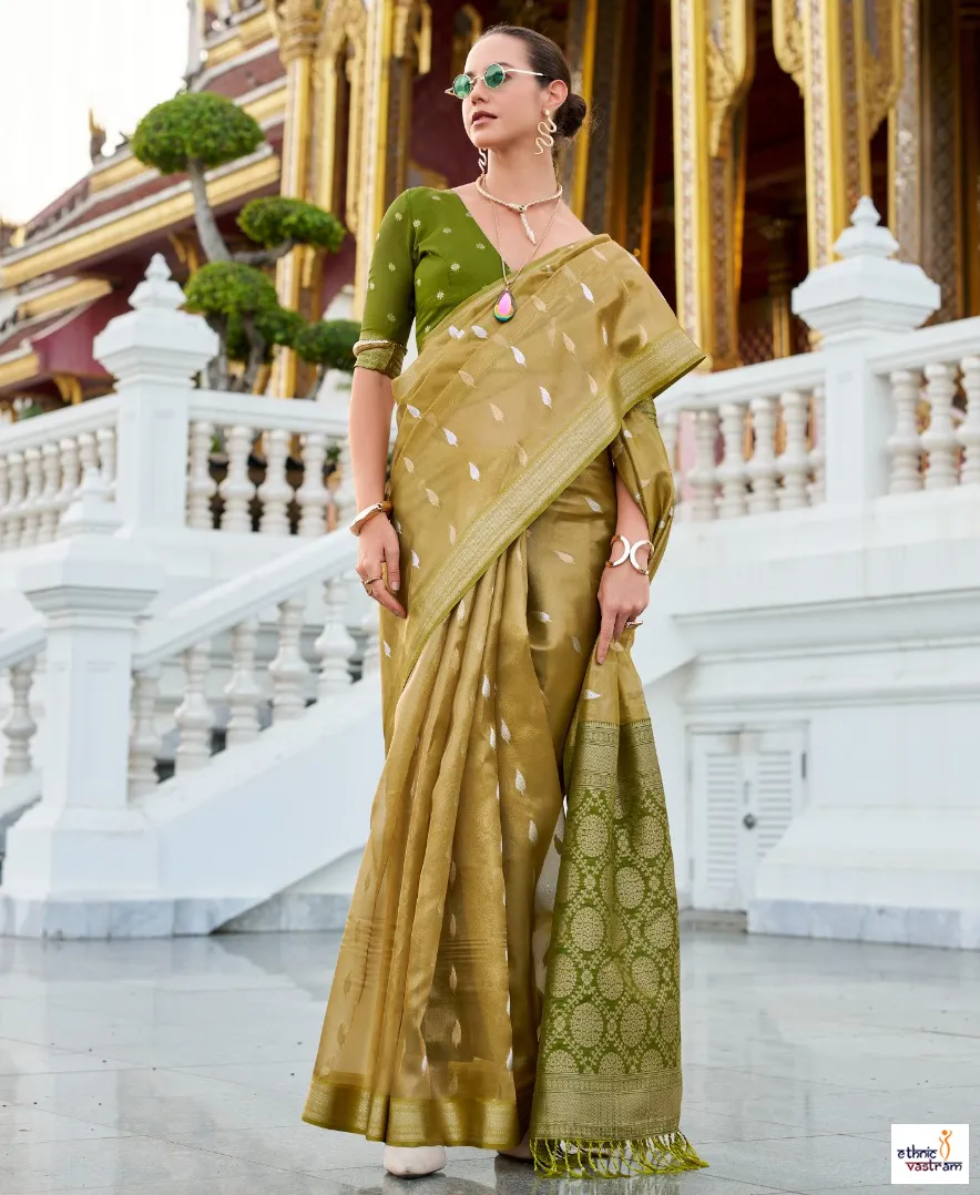 Mustard Yellow Tissue Silk Rich Woven Border Traditional Saree
