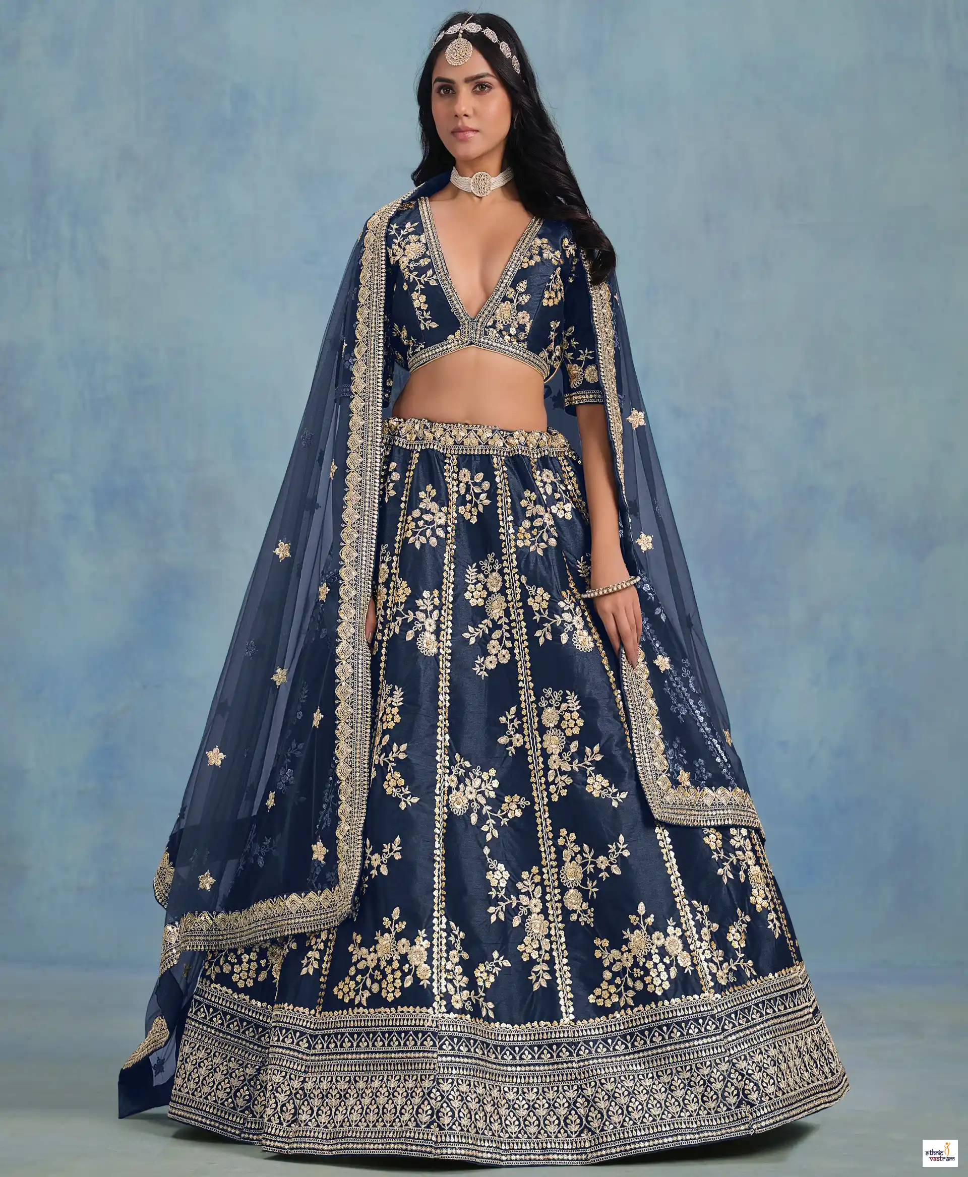 Navy Blue Art Silk Floral Zari Embroidered Lehenga Choli Set