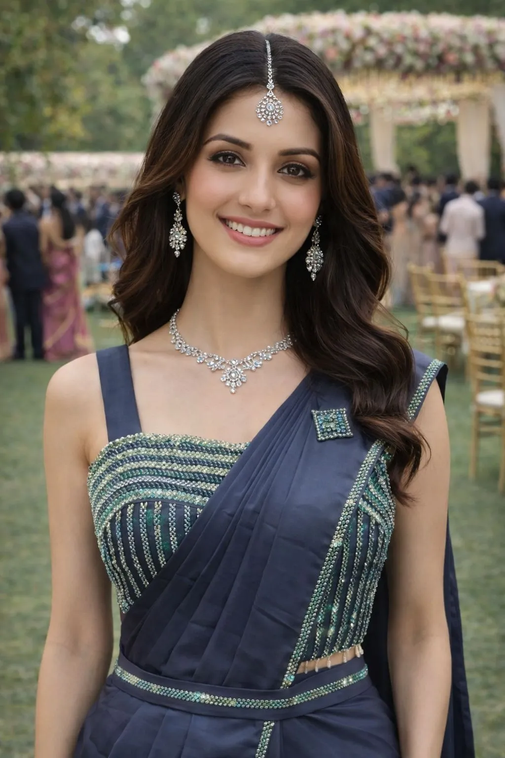 Navy Blue Premium Armani Satin Ready-to-Wear Designer Saree - Image 2