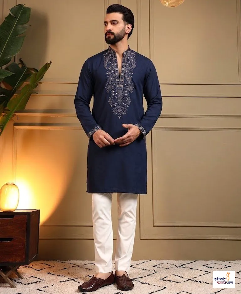 Navy Blue Star Silk Embroidered Men Kurta With Pajama Set