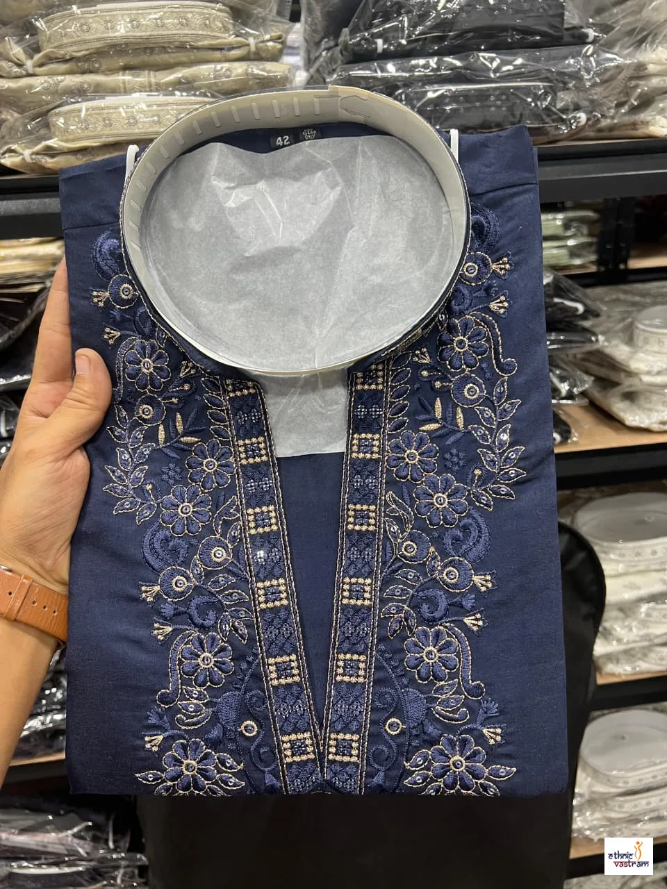 Navy Blue Star Silk Embroidered Men Kurta With Pajama Set - Image 2