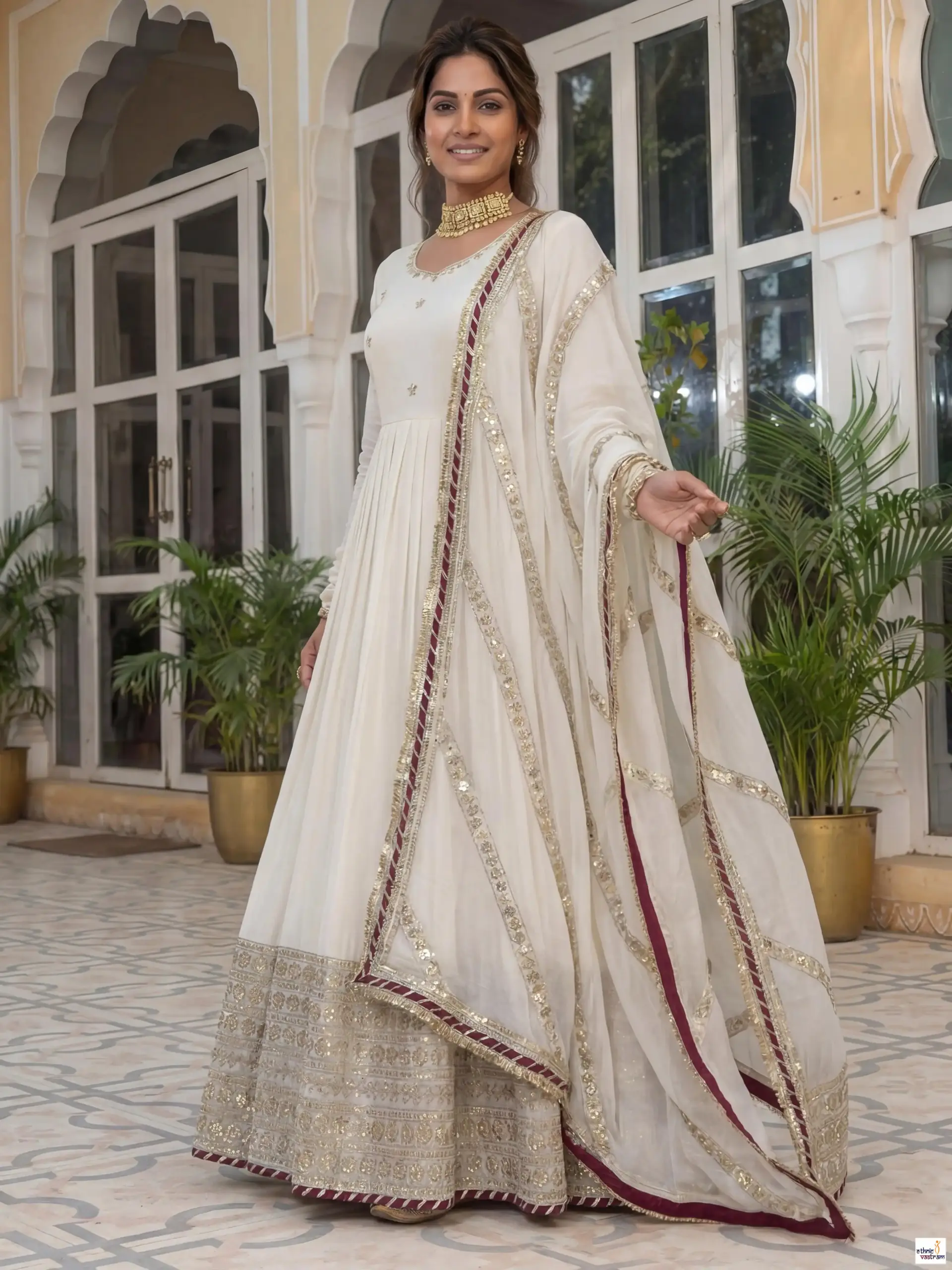 Off White Chinon Silk Embroidered Codding Work Readymade Suit - Image 2