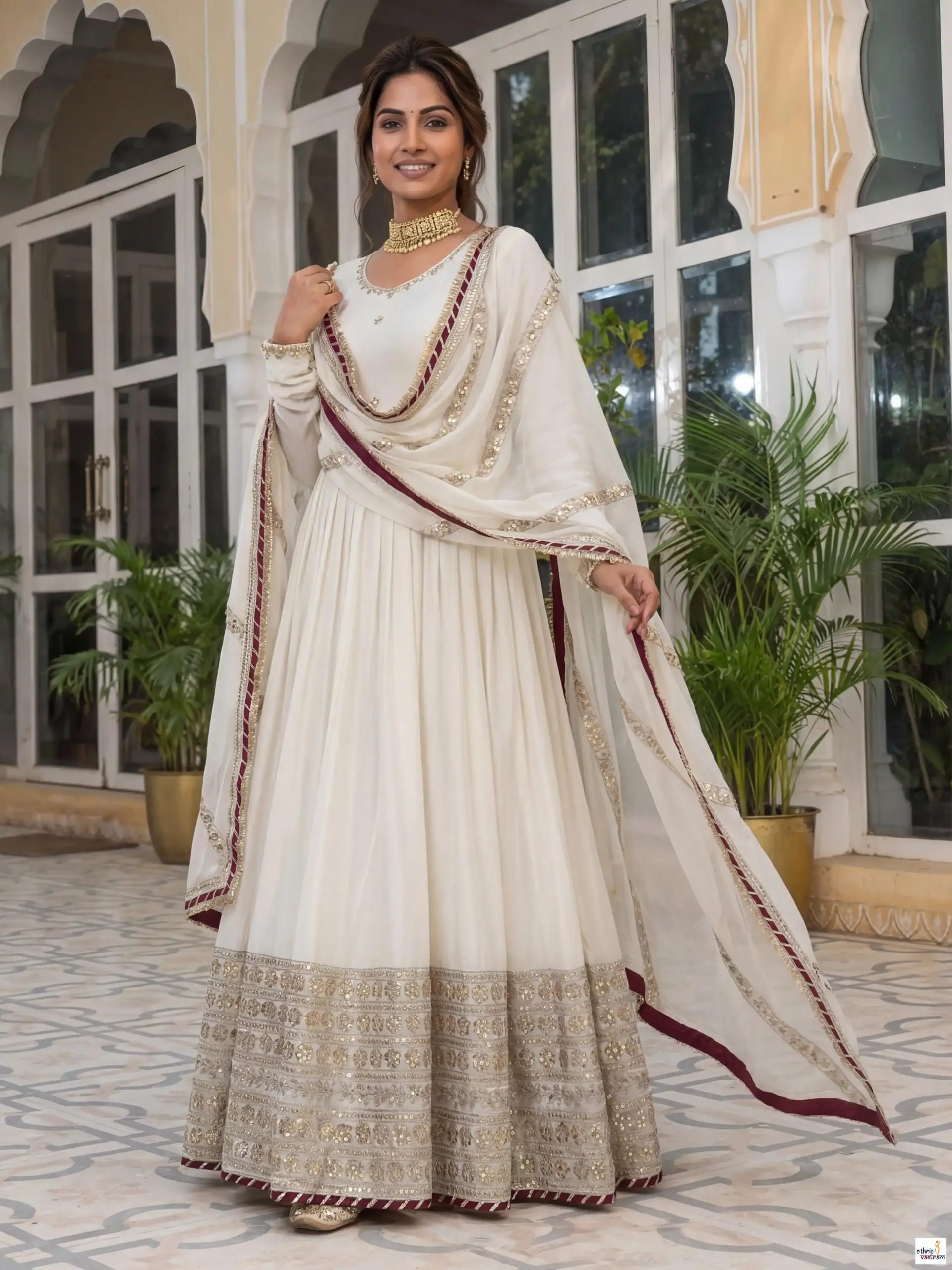 Off White Chinon Silk Embroidered Codding Work Readymade Suit - Image 3