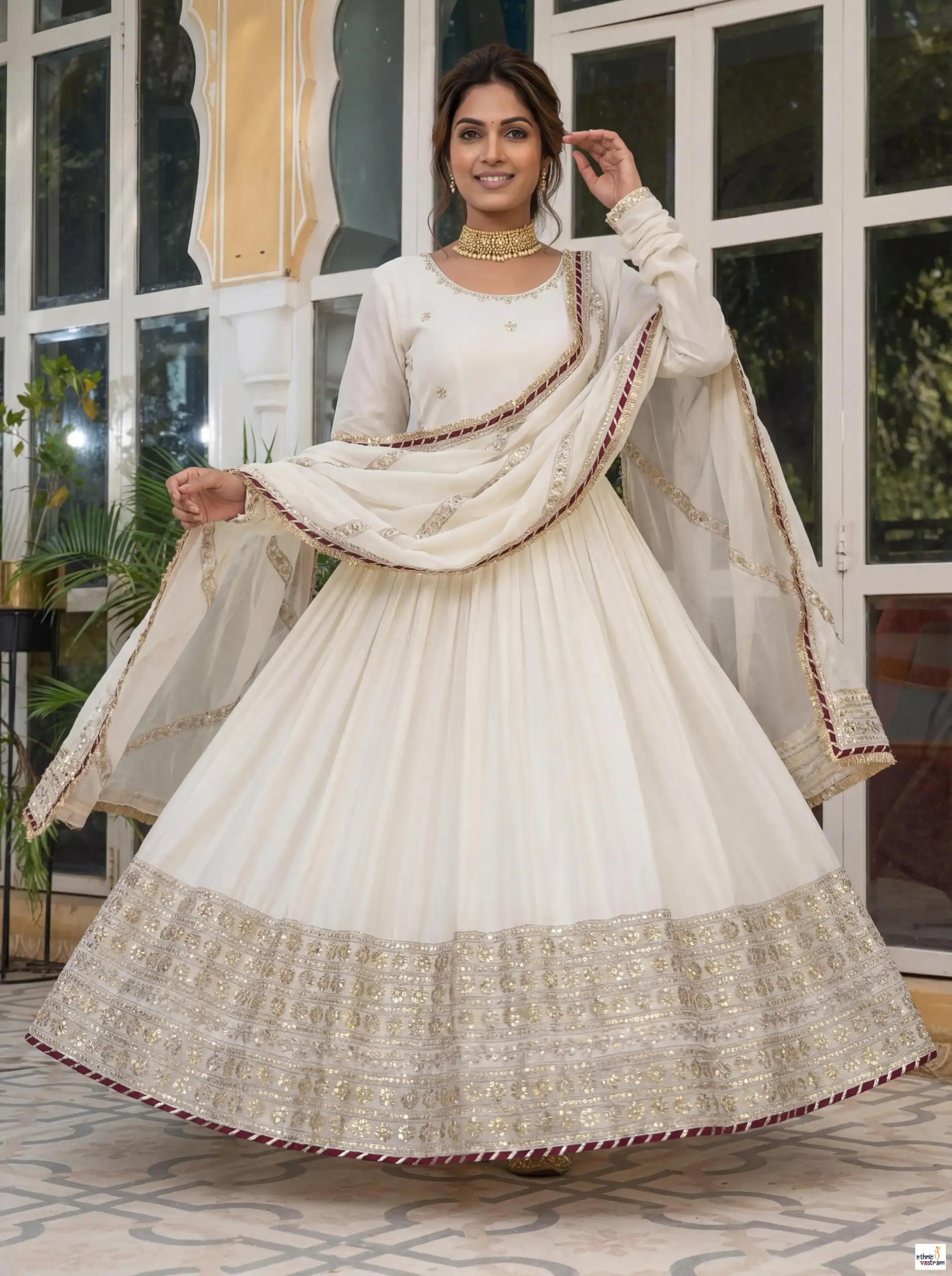 Off White Chinon Silk Embroidered Codding Work Readymade Suit - Image 4