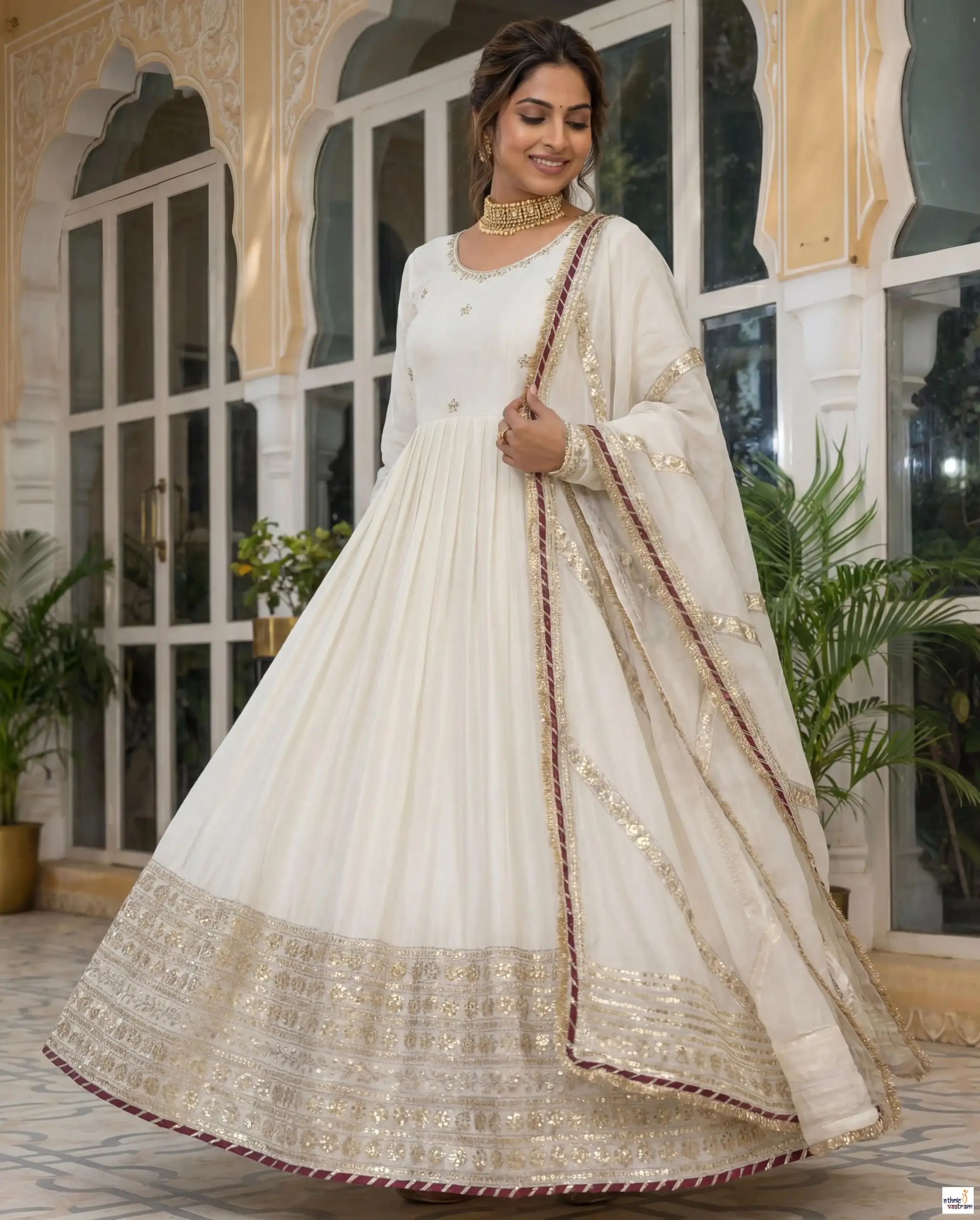 Off White Chinon Silk Embroidered Codding Work Readymade Suit