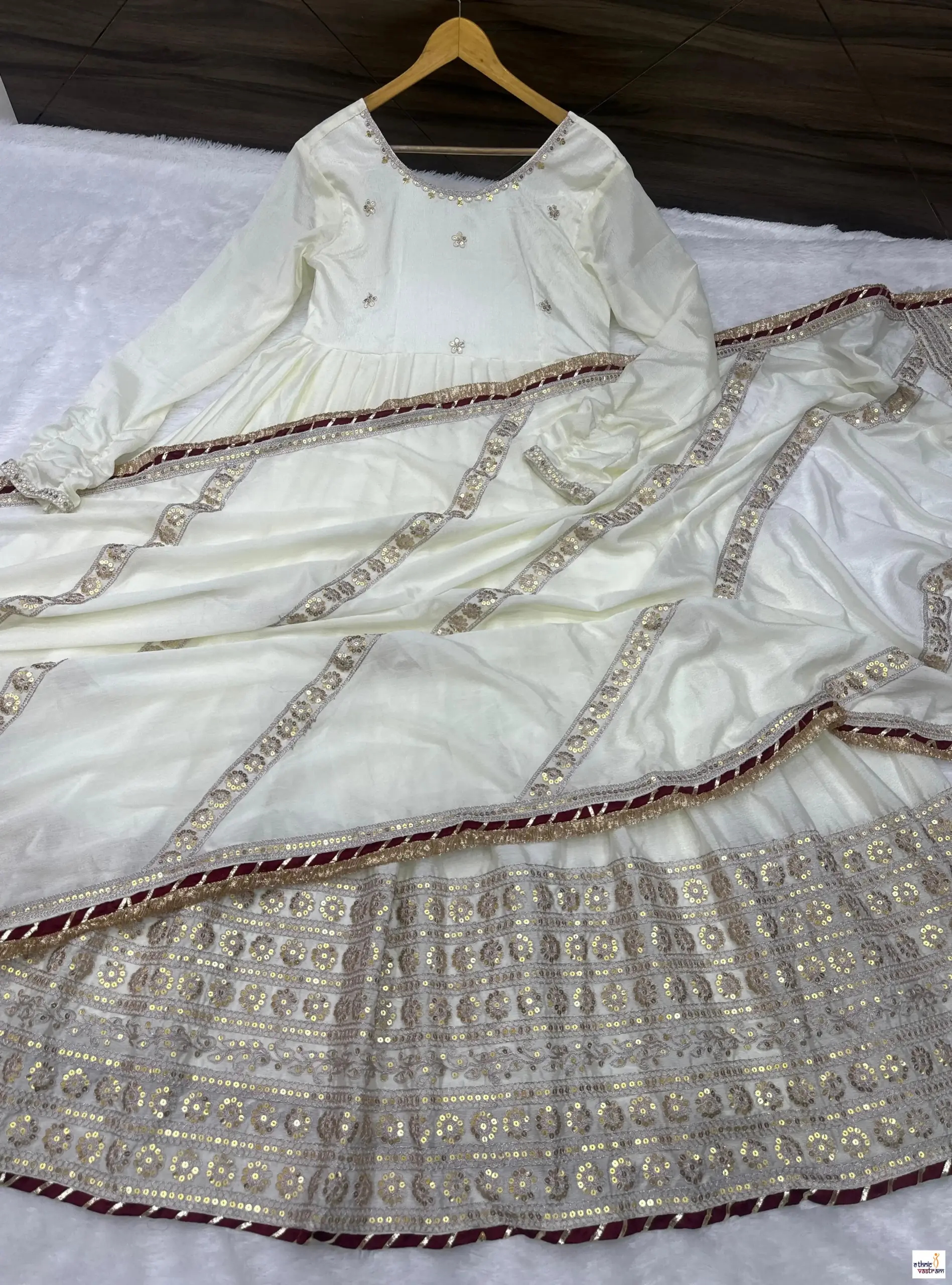 Off White Chinon Silk Embroidered Codding Work Readymade Suit - Image 5
