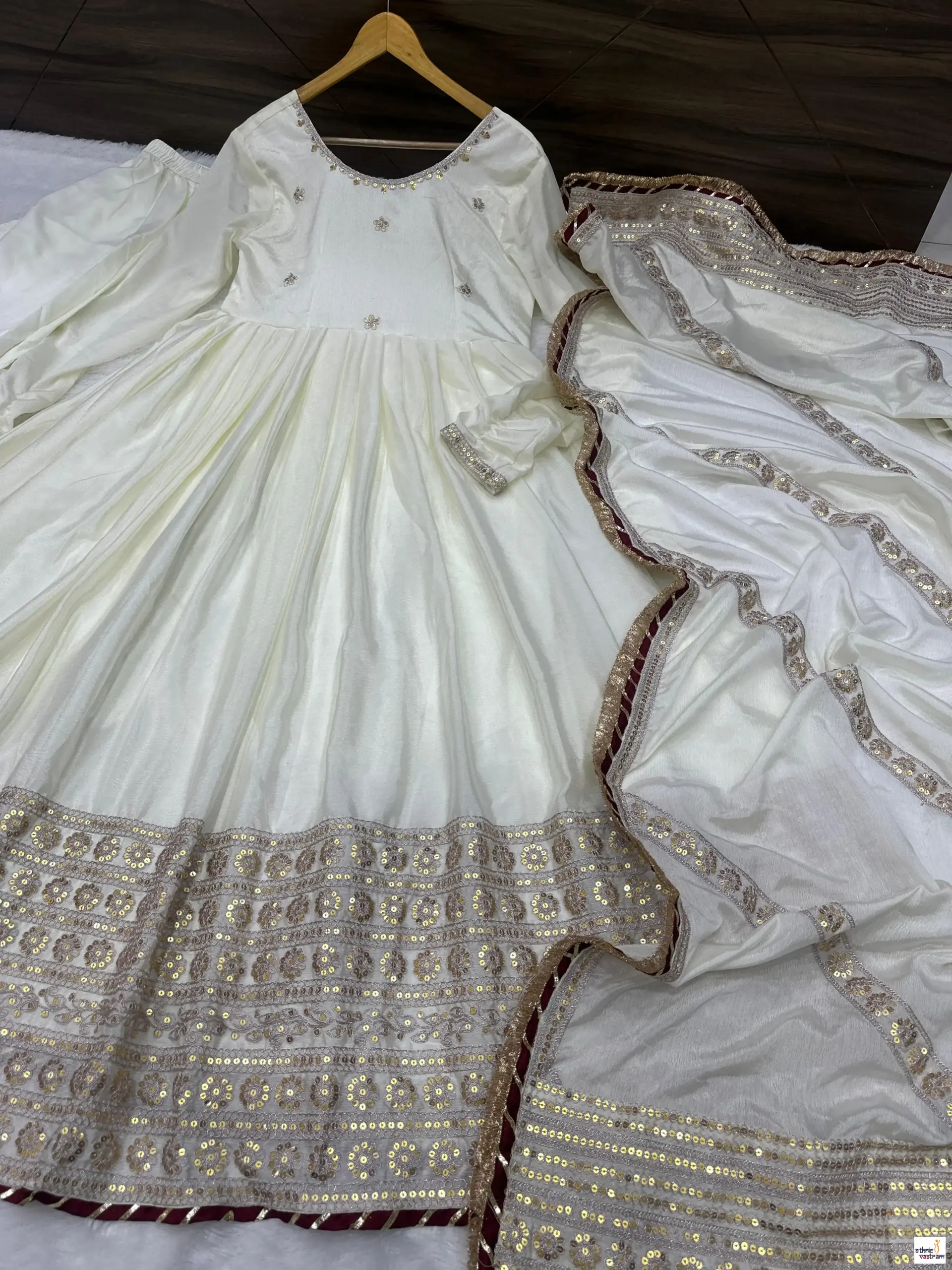 Off White Chinon Silk Embroidered Codding Work Readymade Suit - Image 6