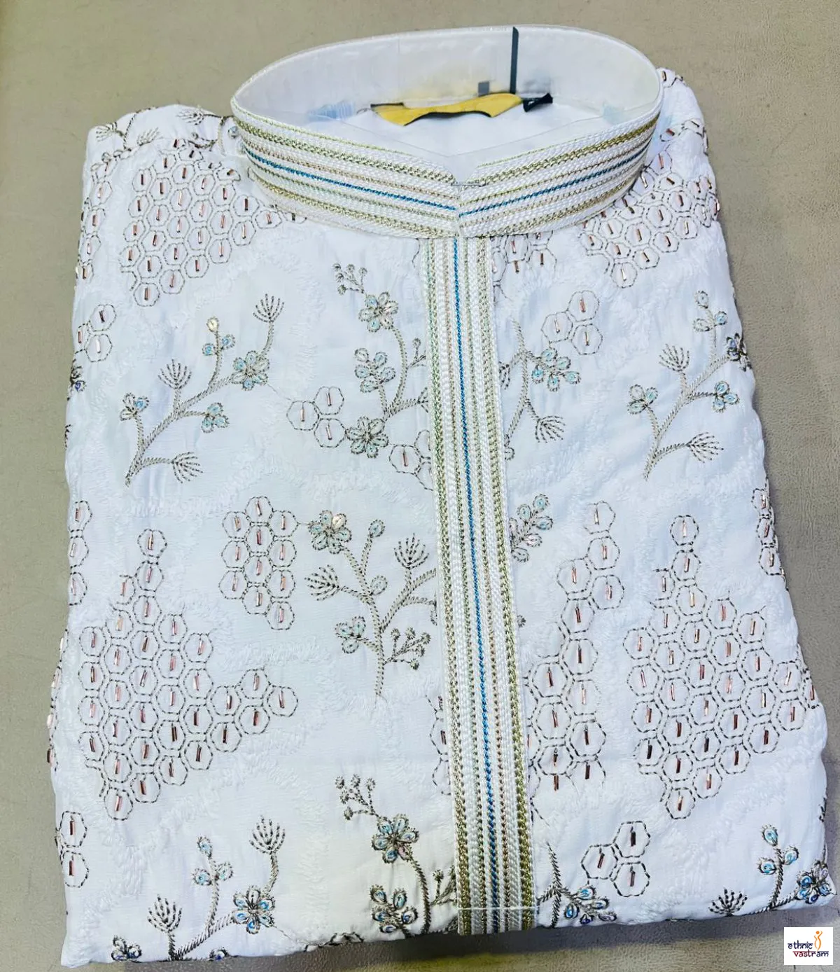 Off White Fendy Silk Embroidered Kurta Pajama Set - Image 2