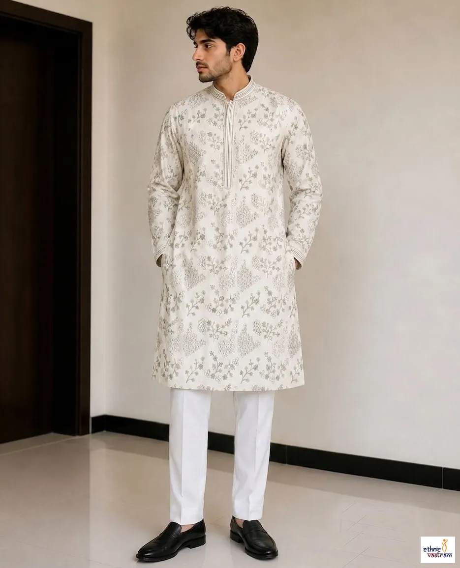 Off White Fendy Silk Embroidered Kurta Pajama Set
