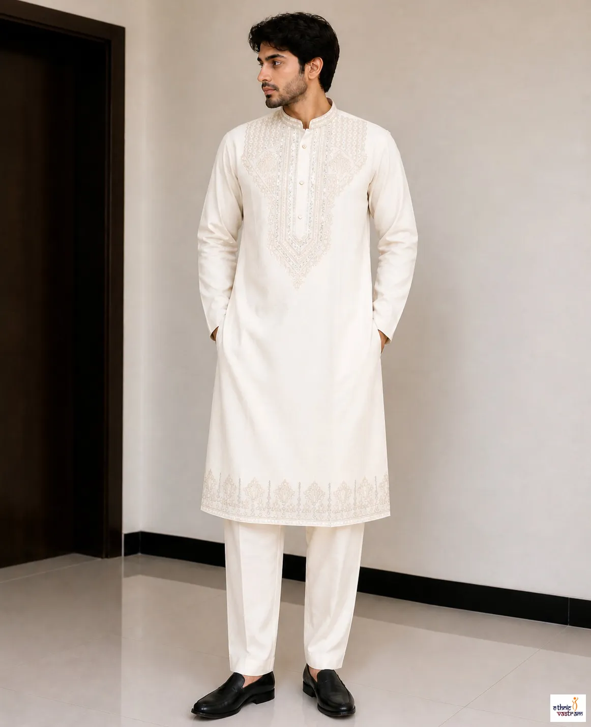 Off White Silk Embroidered & Sequin Work Kurta Pajama Set