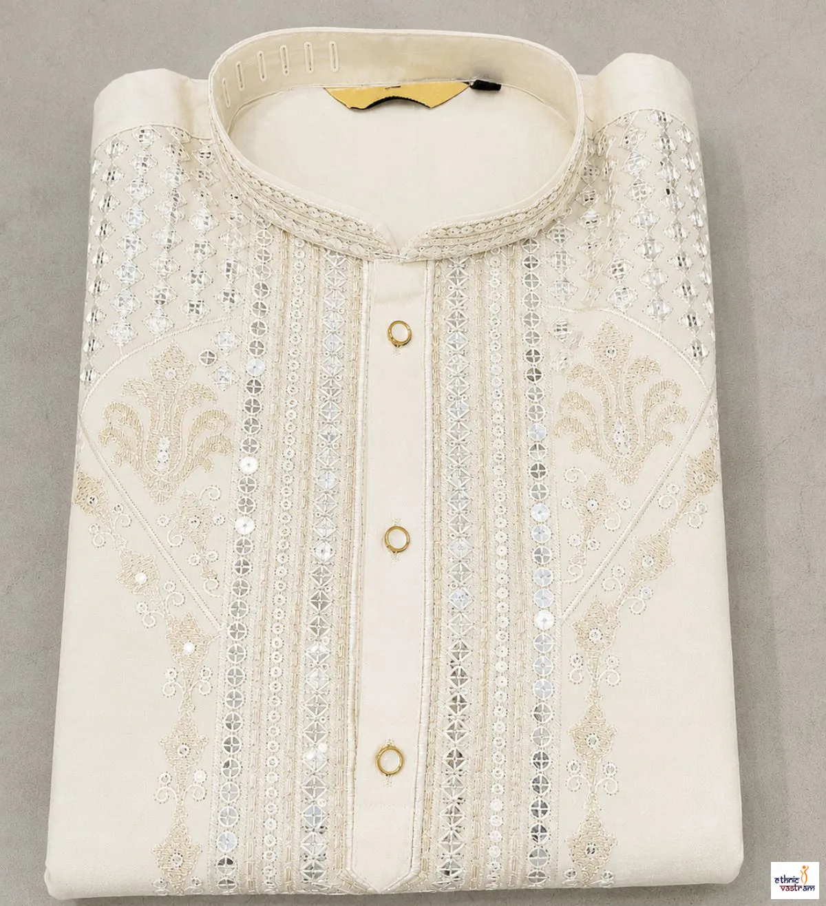 Off White Silk Embroidered & Sequin Work Kurta Pajama Set - Image 2