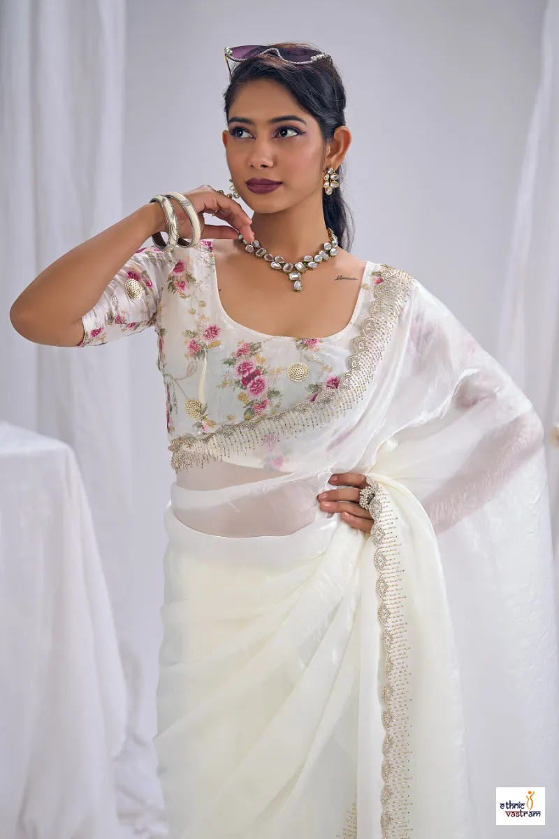 Off White Silk Stone Work Border Work Designer Saree - Image 2
