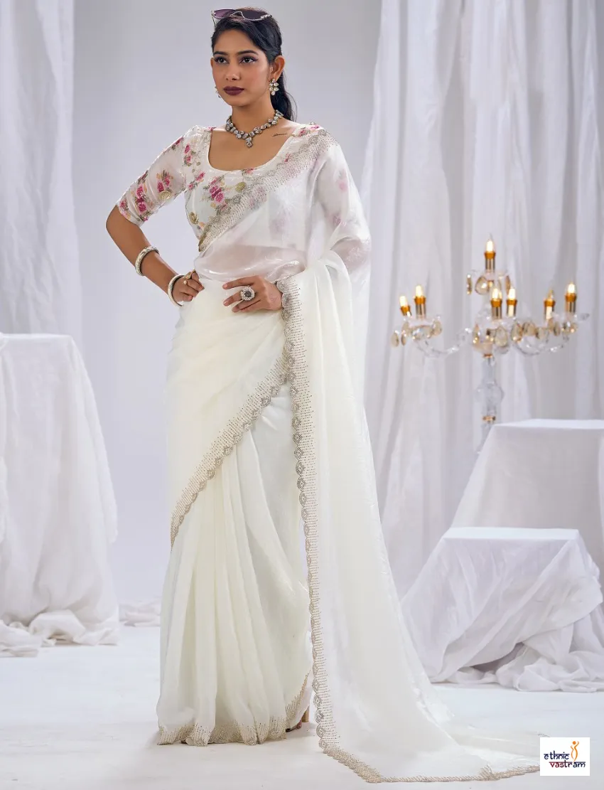 Off White Silk Stone Work Border Work Designer Saree