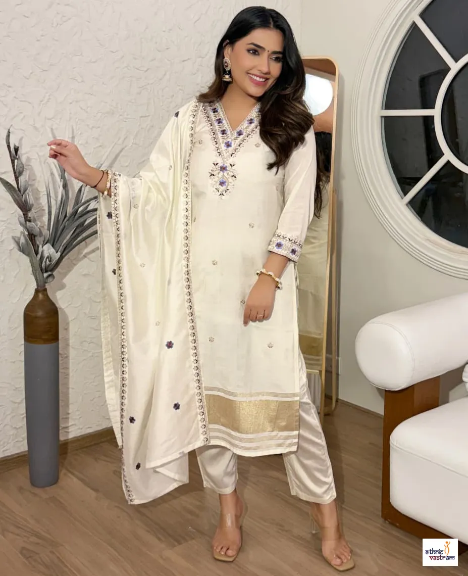 Off White Viscose Chanderi Embroidered Readymade Salwar Suit