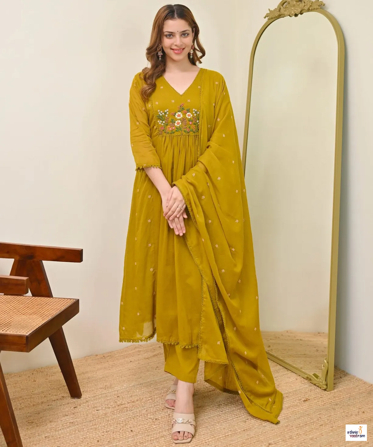 Olive Green Mul Chanderi Embroidered Flared Anarkali Suit Set