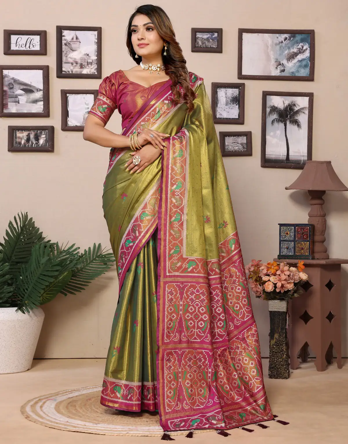 Olive Green Premium Banarasi Tissue Silk Woven Border Saree