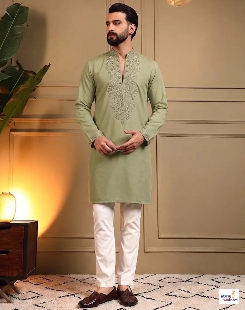 Olive Green Star Silk Embroidered Men Kurta With Pajama Set