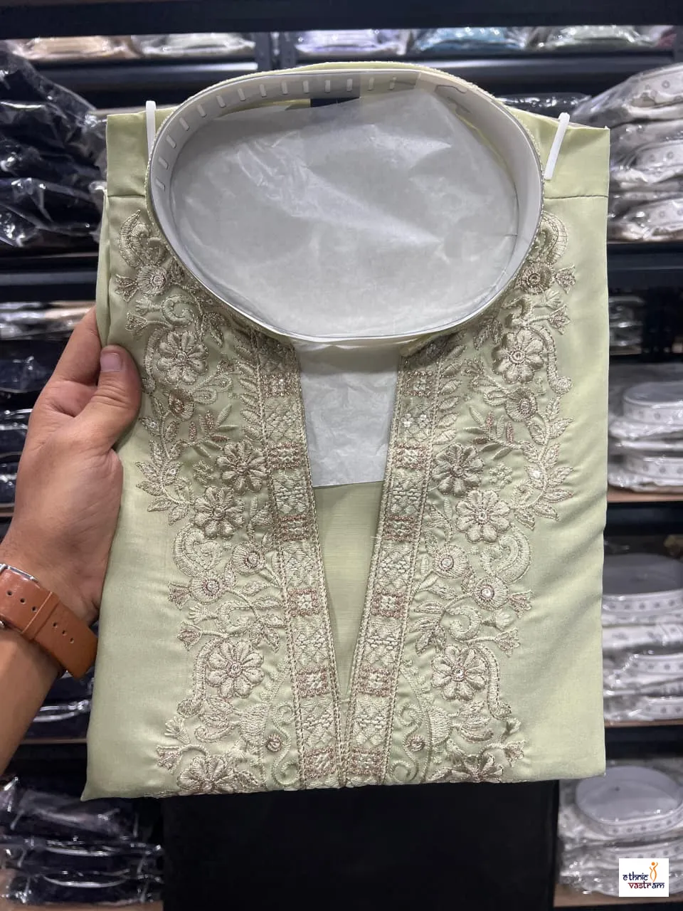 Olive Green Star Silk Embroidered Men Kurta With Pajama Set - Image 2