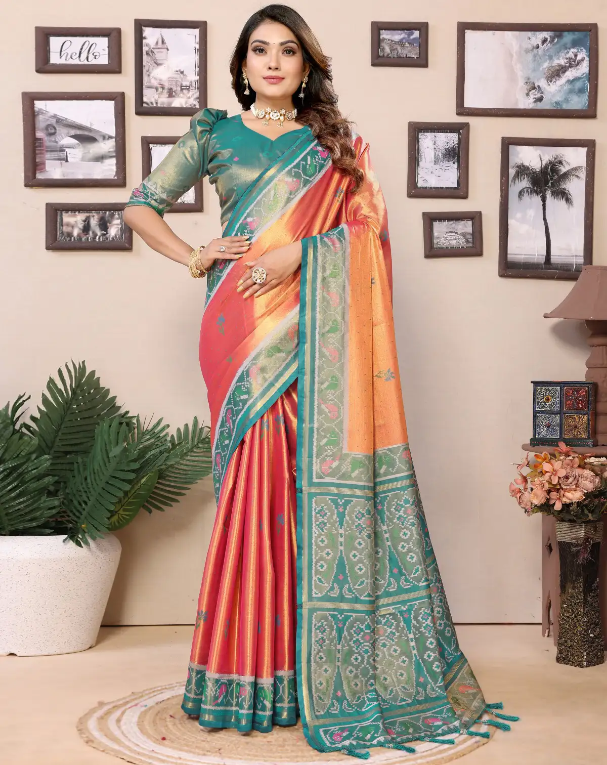 Orange Premium Pure Banarasi Tissue Silk Woven Border Saree