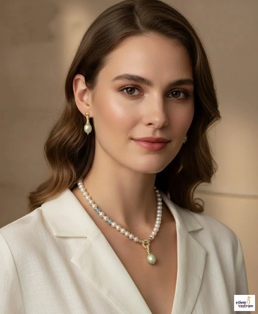 Pastel Accents Elegant Pearl Drop Crystal Designer Necklace Set