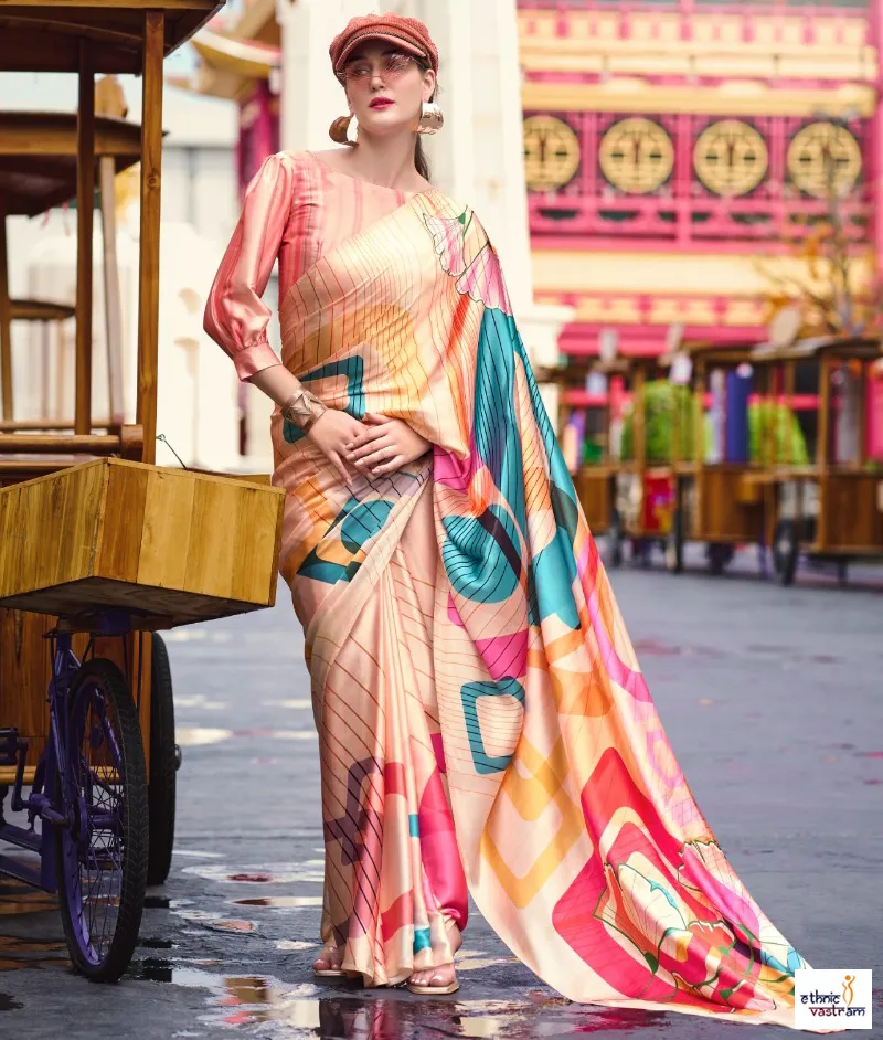 Peach Japan Satin Abstract Digital Prints Party Wear Saree