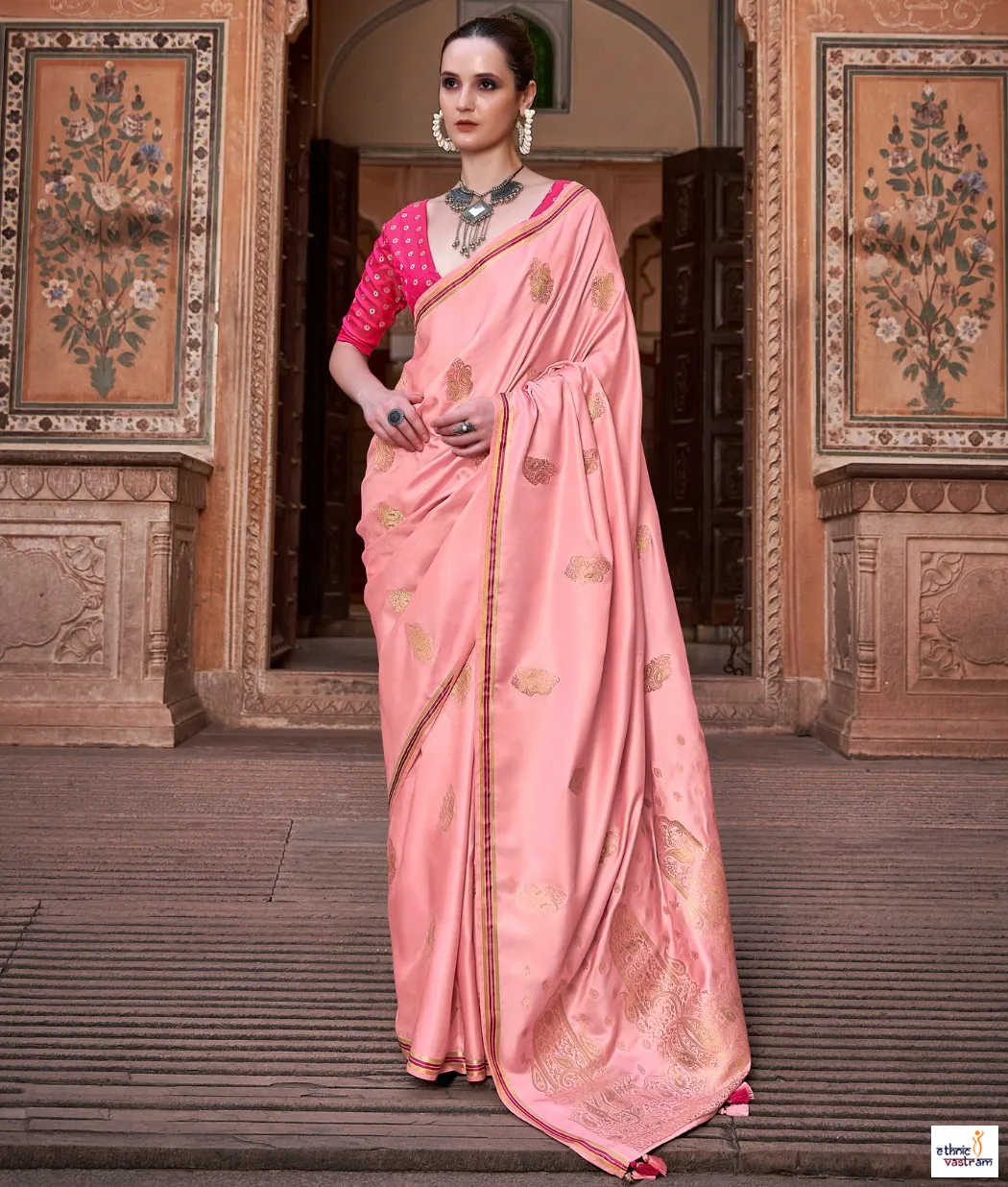 Peach Pink Pure Satin Zari Weaving Work Traditional Saree