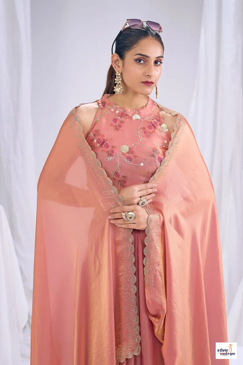 Peach Pink Silk Stone Work Border Work Designer Saree - Image 2