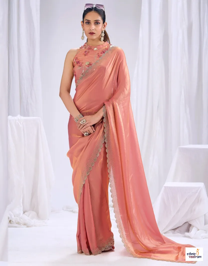 Peach Pink Silk Stone Work Border Work Designer Saree