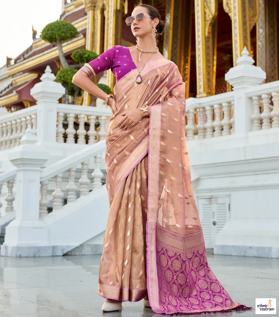 Peach Pink Tissue Silk Rich Woven Border Traditional Saree