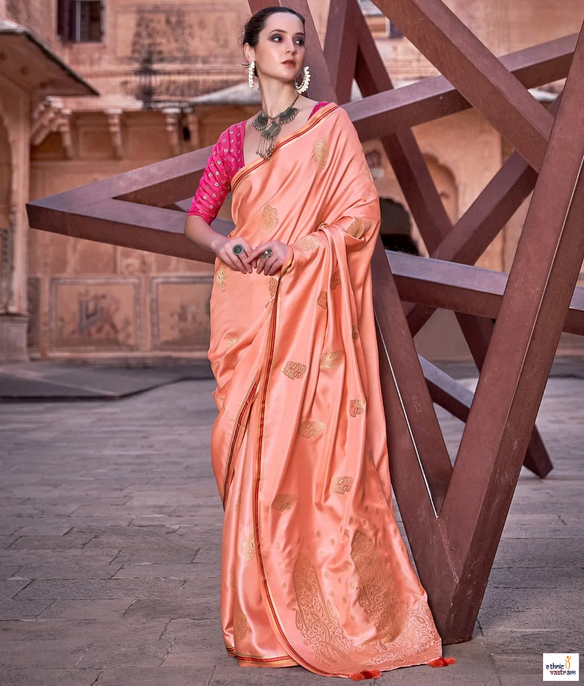 Peach Pure Satin Zari Weaving Work Traditional Saree