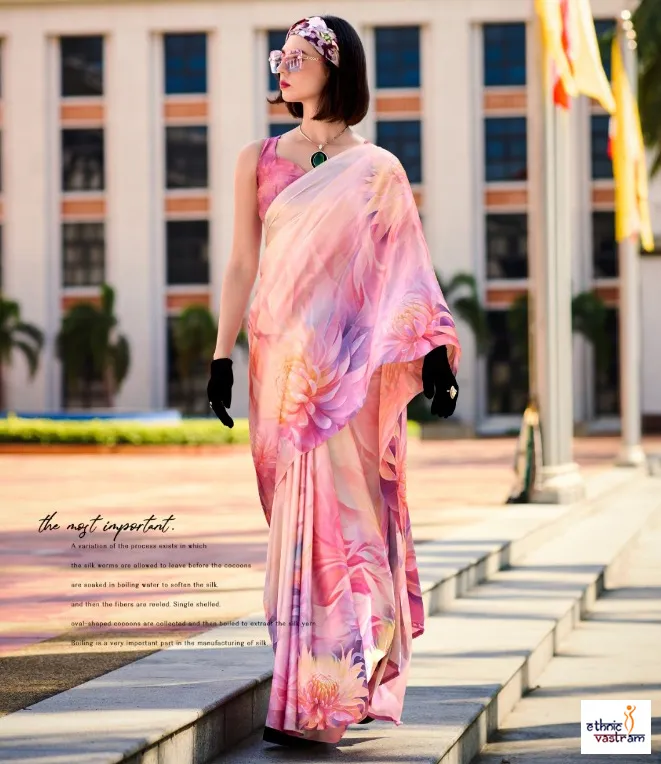 Pink Japan Satin Abstract Digital Prints Party Wear Saree