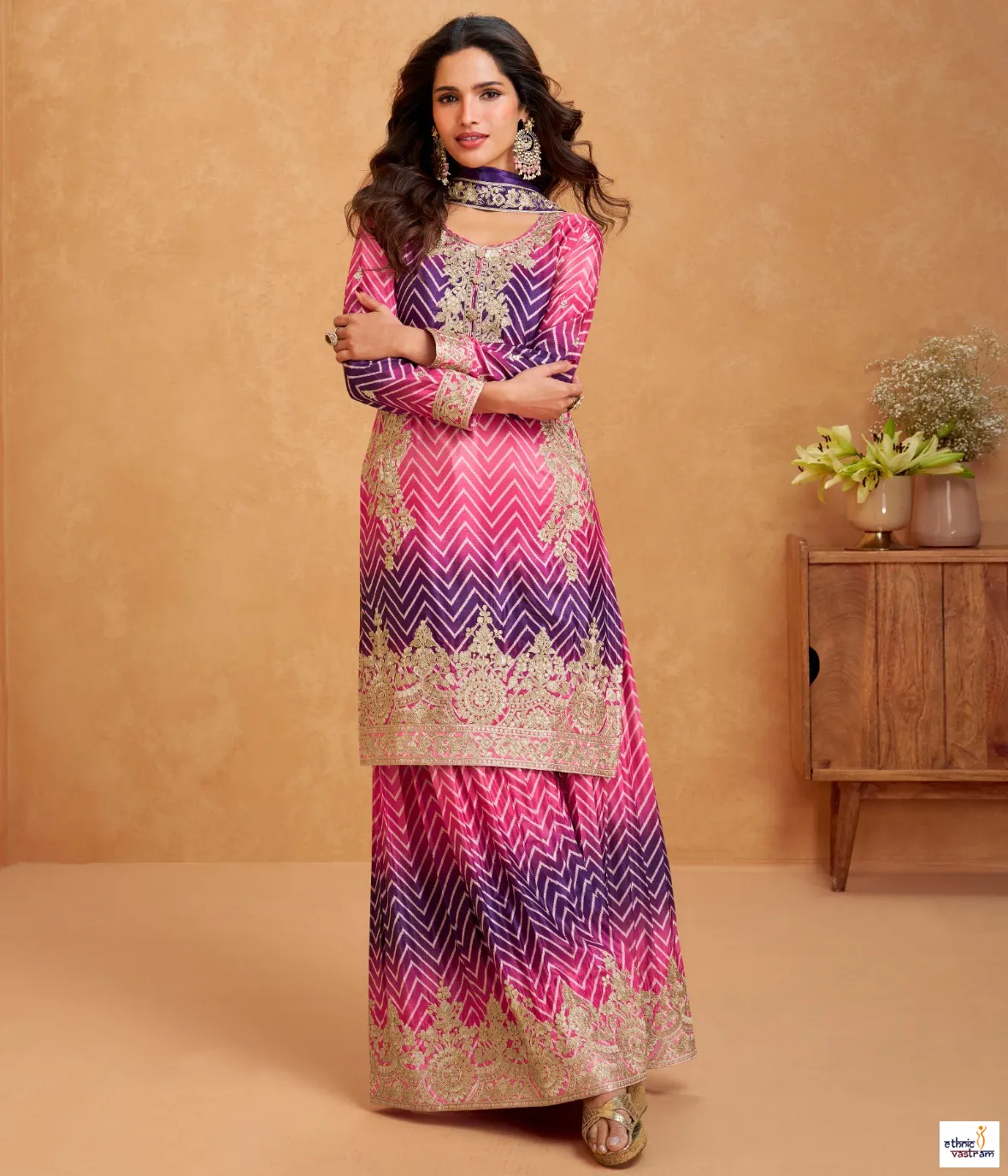Pink Premium Embroidered Chinnon Silk Readymade Salwar Suit