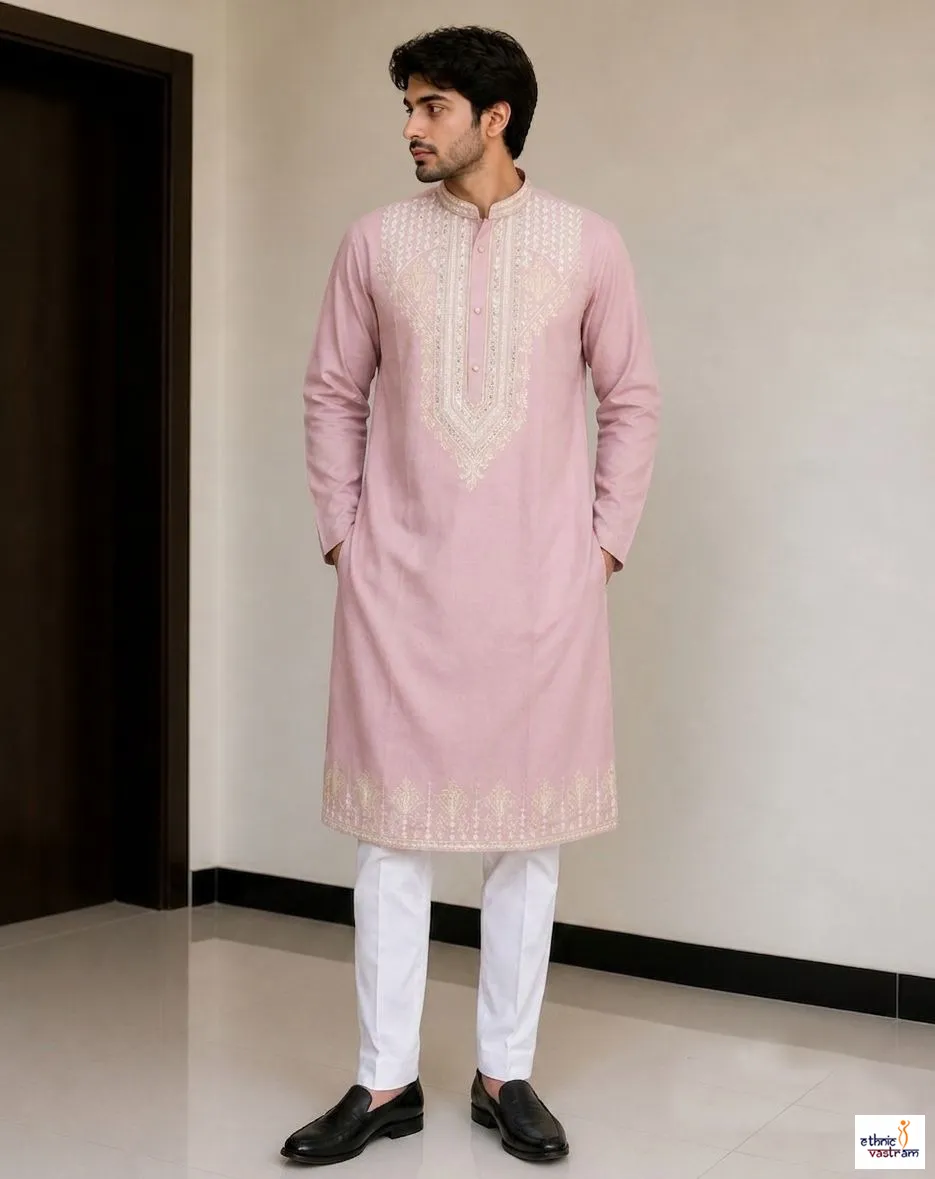 Pink Silk Embroidered & Sequin Work Kurta Pajama Set