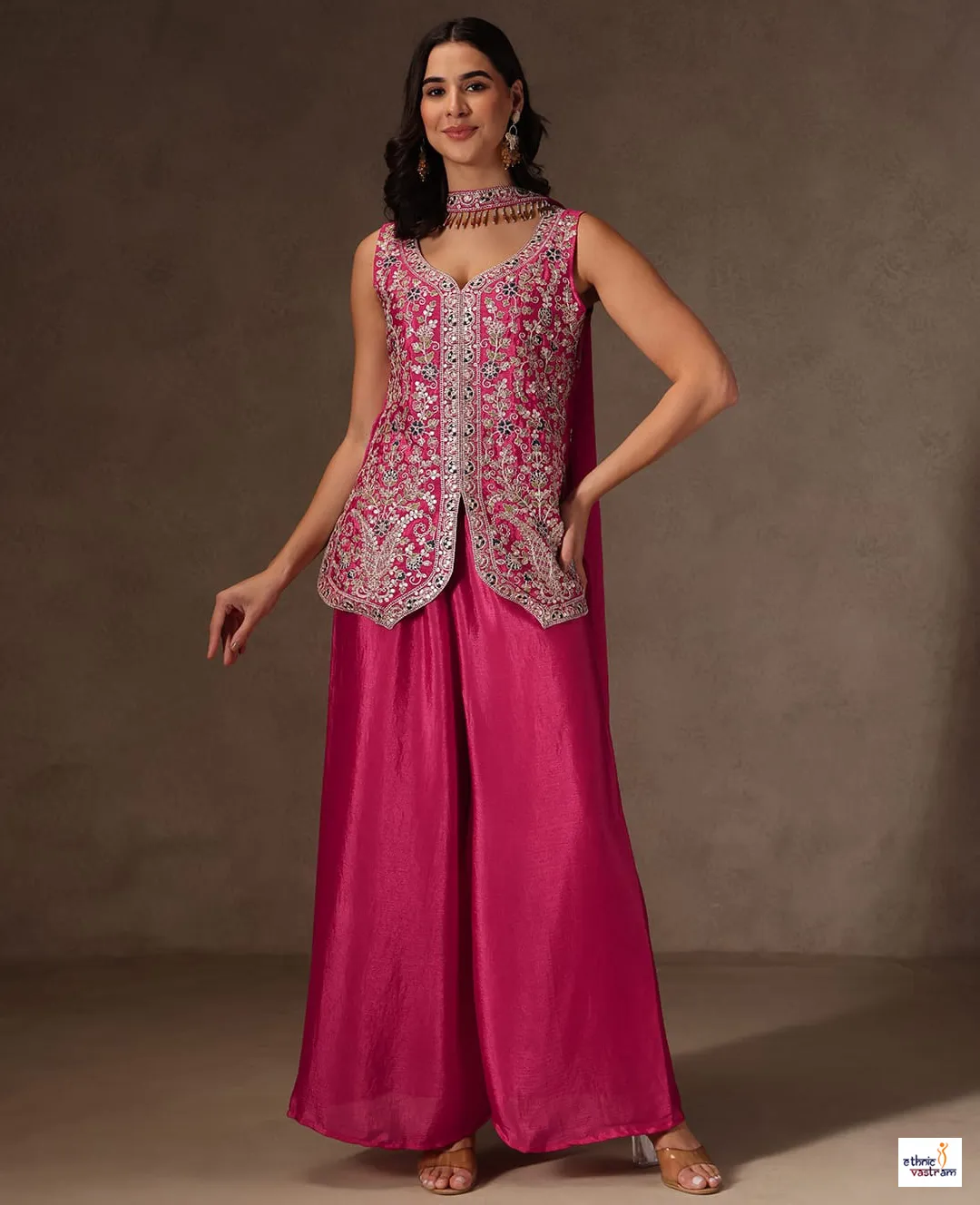 Pink Viscose Chinon Sequins Embroidered Top Palazzo Set