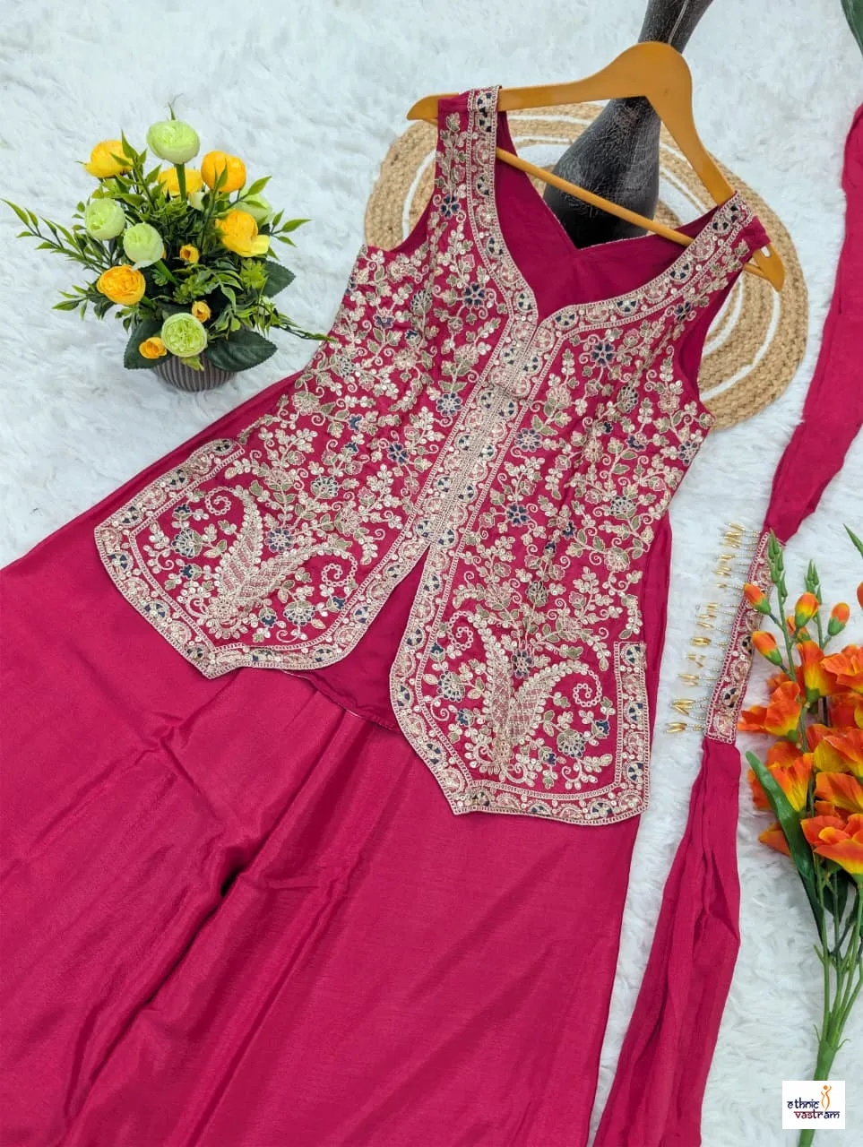 Pink Viscose Chinon Sequins Embroidered Top Palazzo Set - Image 3