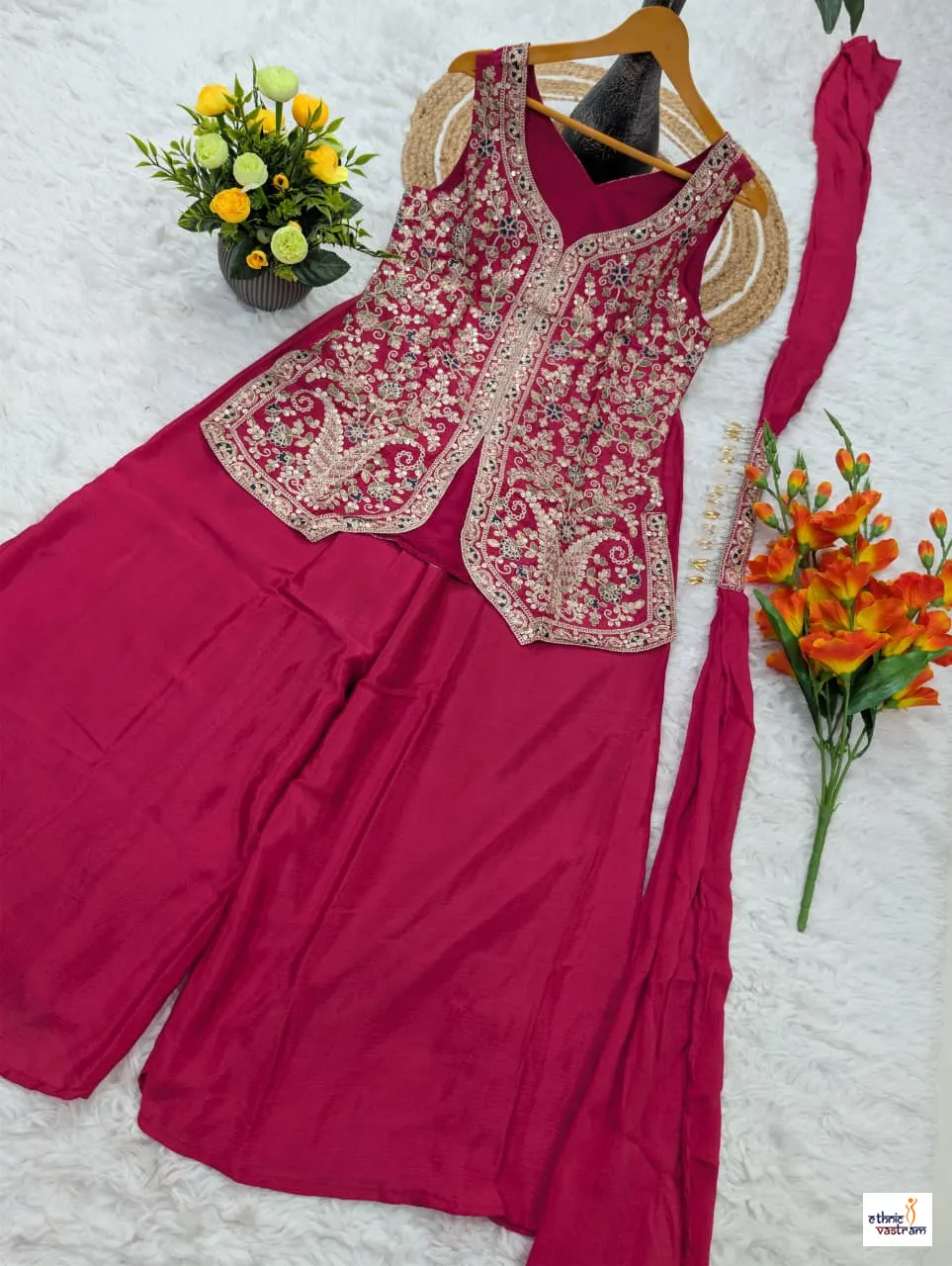 Pink Viscose Chinon Sequins Embroidered Top Palazzo Set - Image 4