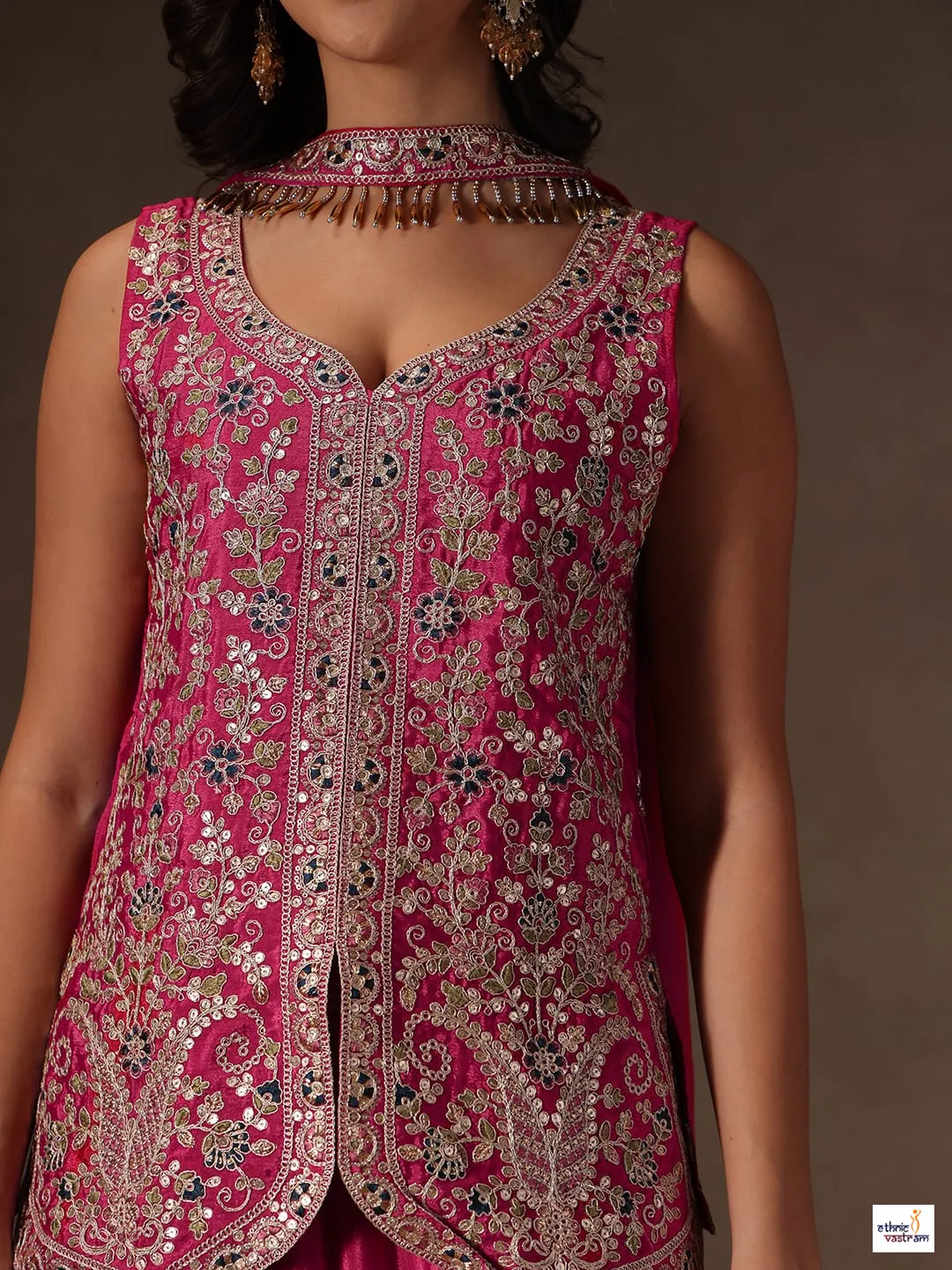 Pink Viscose Chinon Sequins Embroidered Top Palazzo Set - Image 2