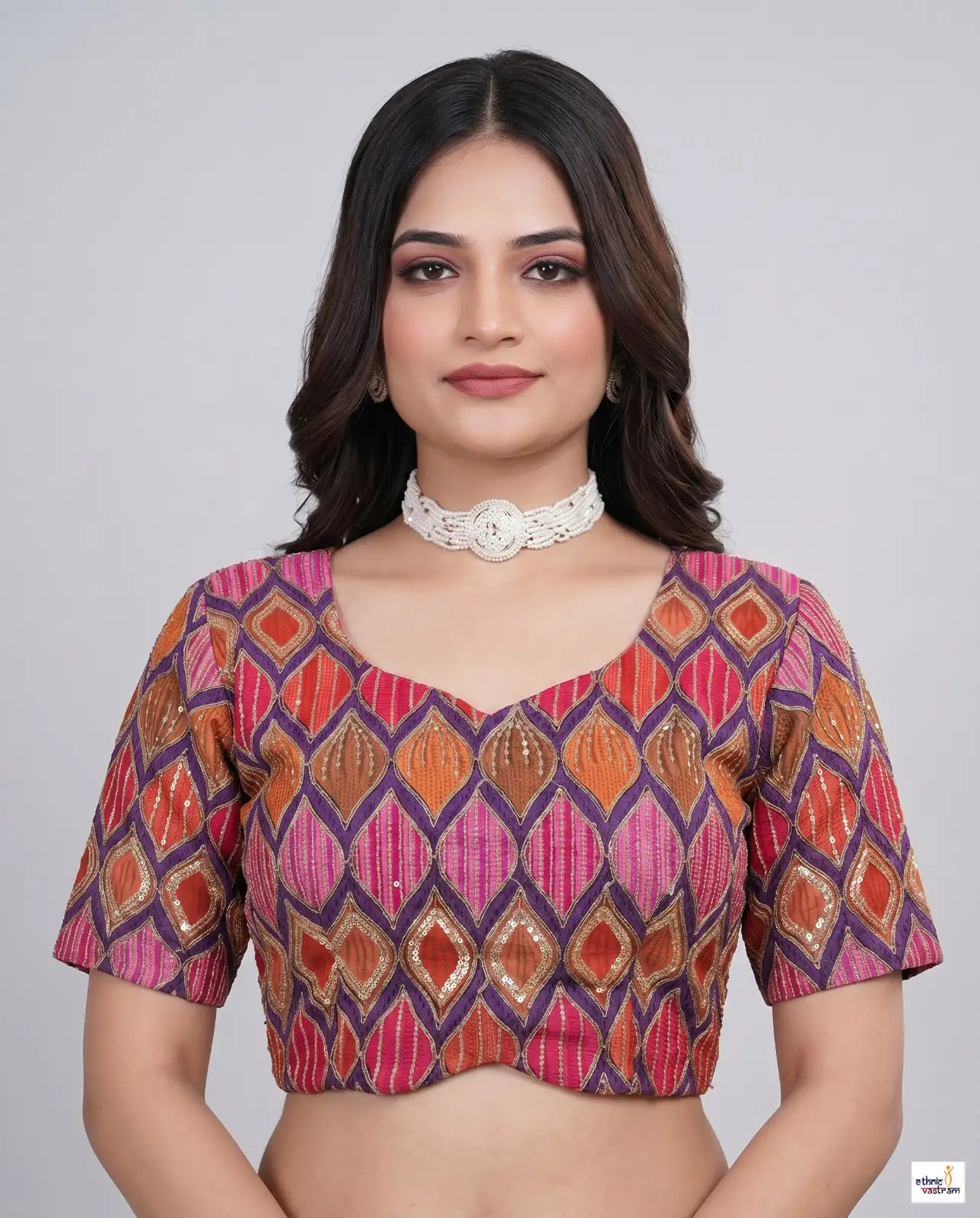 Pink and Orange Pure Viscose Geometric Embroidered Padded Blouse