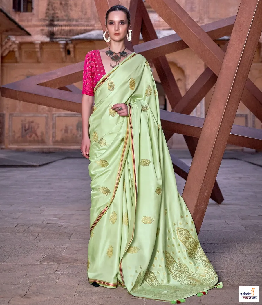Pista Green Pure Satin Zari Weaving Work Traditional Saree