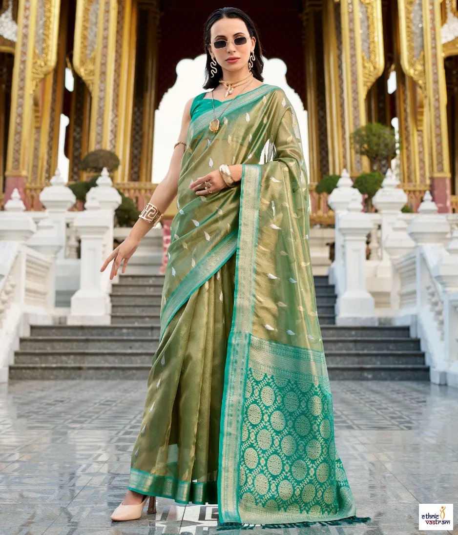 Pistachio Green Tissue Silk Rich Woven Border Traditional Saree