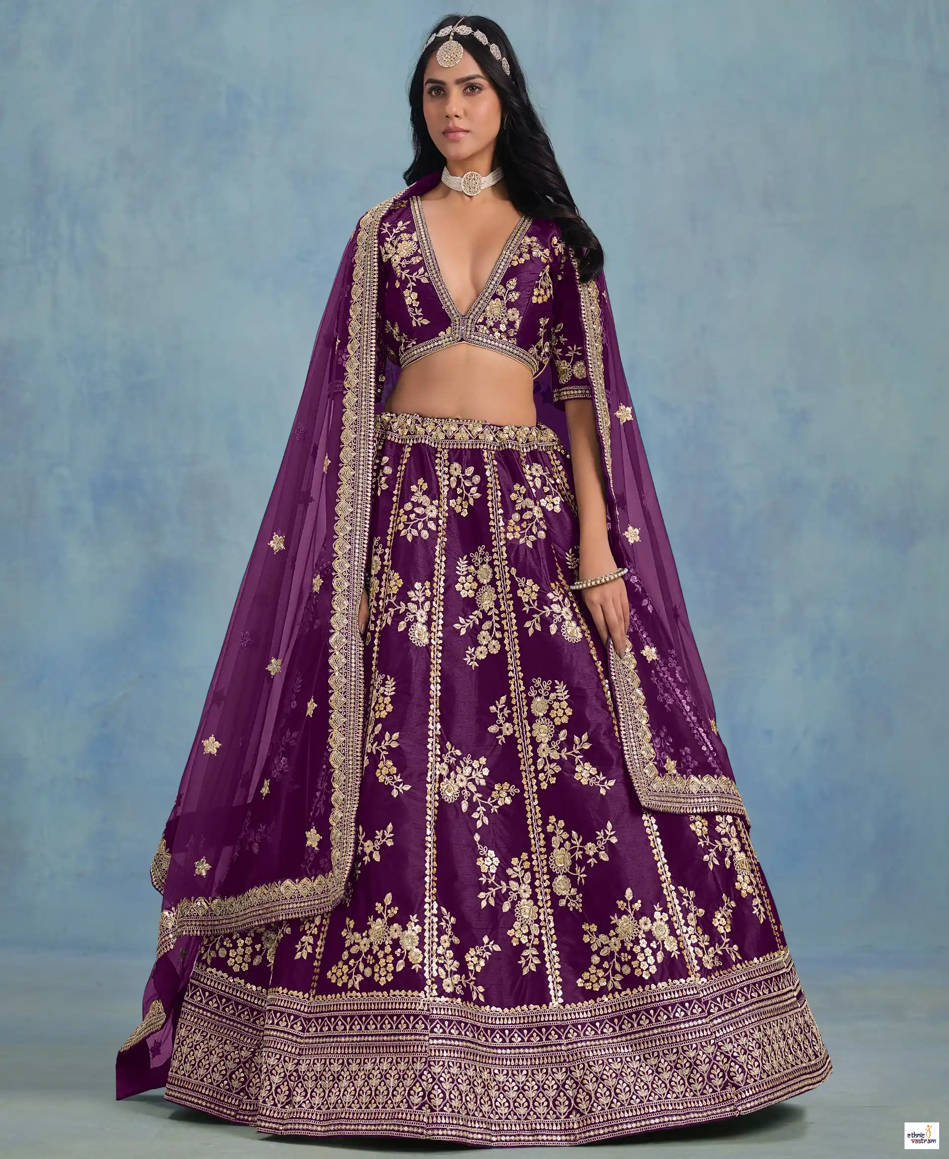Purple Art Silk Floral Zari Embroidered Lehenga Choli Set