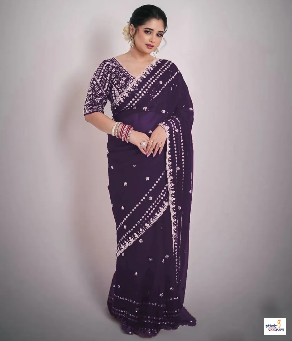 Purple Soft Space Silk Sequins and Zari Work Designer Saree