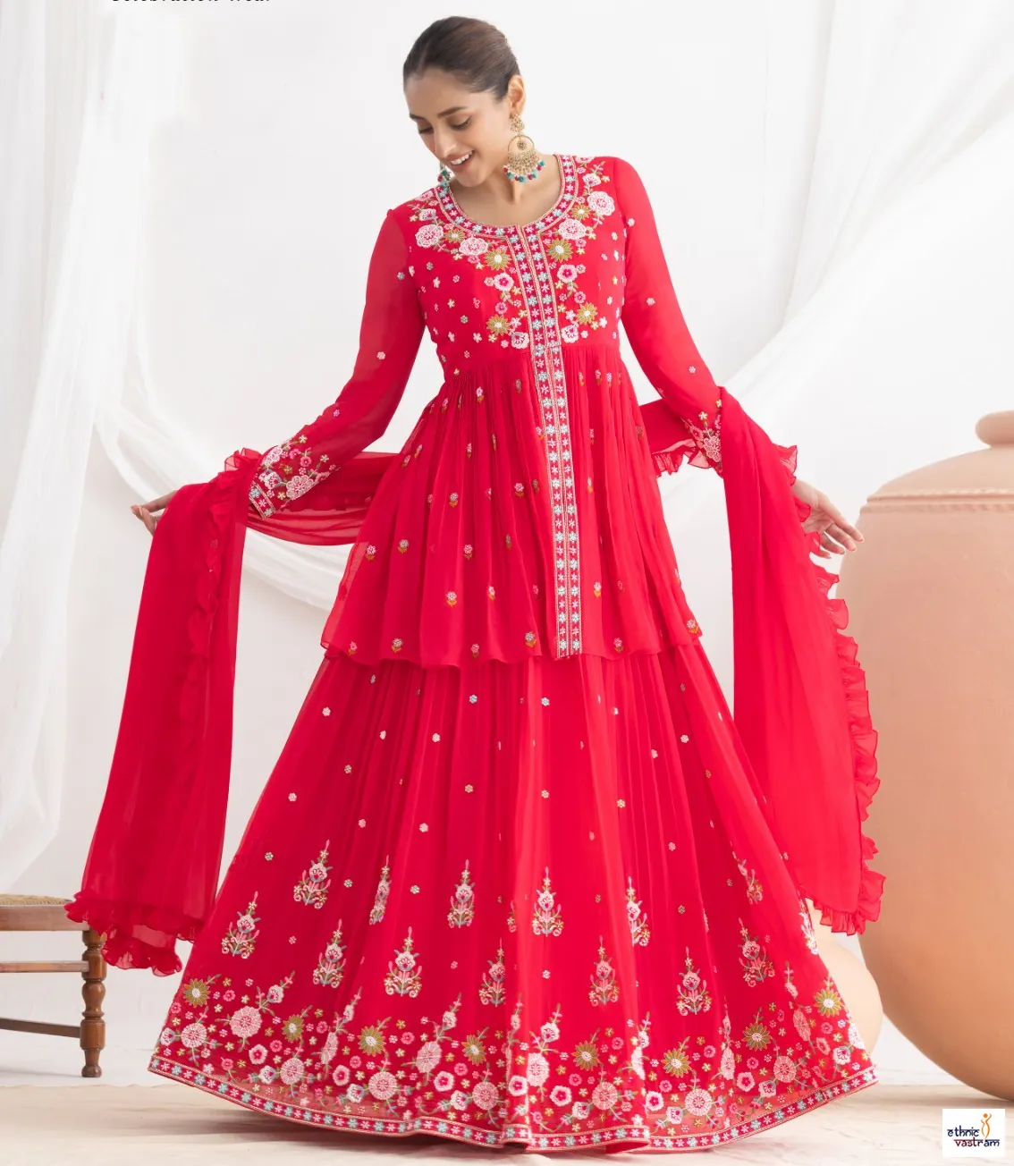 Rani Pink Georgette Floral Resham & Beads Work Lehenga Set